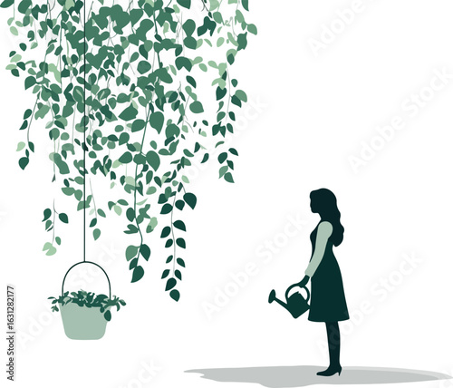 Woman watering hanging plants vector illustration minimalist style perfect for social media posts banners posters cards and textile design