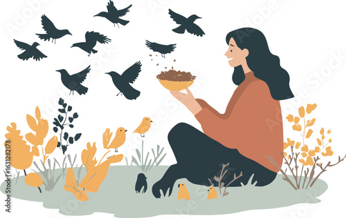 Young woman feeding birds in the park vector illustration isolated on white background concept for print web design banner poster sticker card and textile
