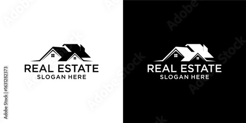 Real Estate Logo Concept with Houses on White and Black Backgrounds