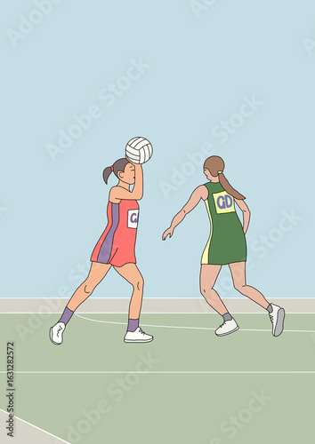 Two women in action on netball court on game day