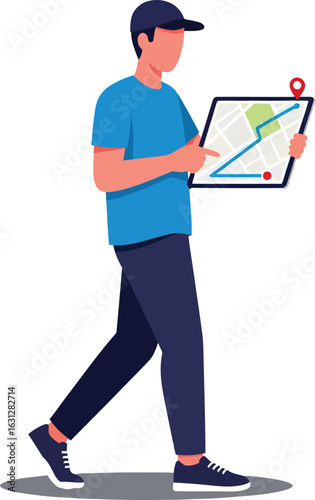 Delivery Person Using Map Navigation for Route Planning.