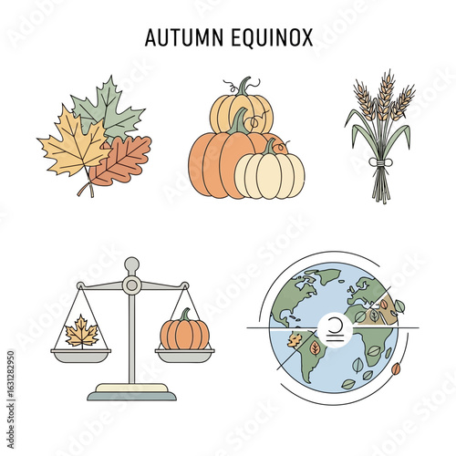 Line Art Autumn Equinox Elements with Balance and Earth Illustration