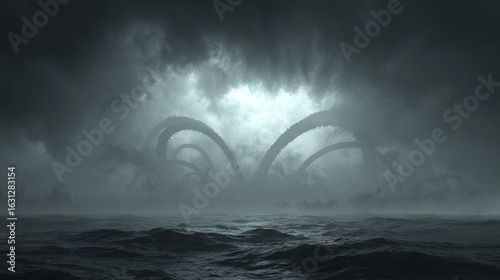 Dark storm over the ocean with surreal tentacles rising from the water