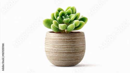 A small, vibrant green succulent plant sits in a light beige, horizontally-lined, round pot against a stark white background.  The pot has a slightly textured, 
