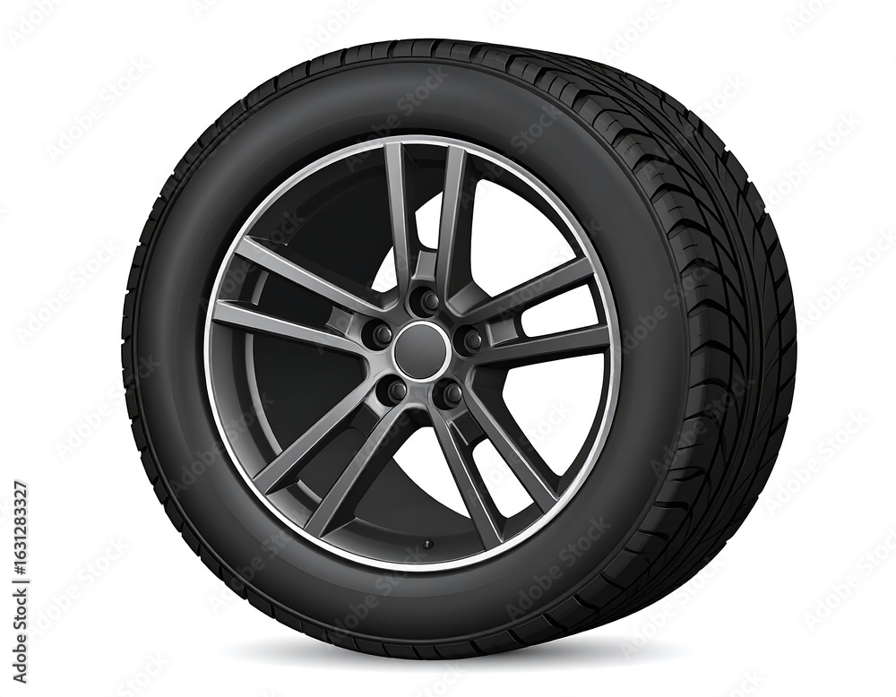 Fototapeta premium Dark gray alloy wheel with a black tire, isolated on a white background