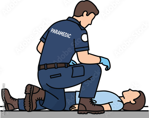 Paramedic providing aid to an unconscious person on the ground.