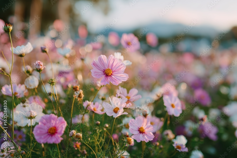Obraz premium Vibrant Blossom Field at Sunset Showcasing Pink and White Flowers with Soft Natural Light Creating a Dreamy Ambiance in Nature's Beauty
