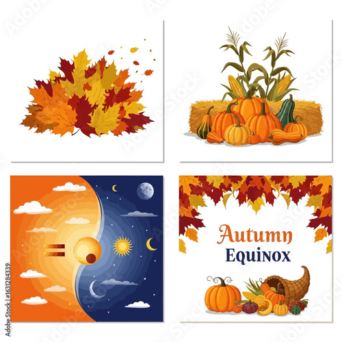 Colorful Autumnal Composition with Leaves, Pumpkins, Equinox and Cornucopia Collection