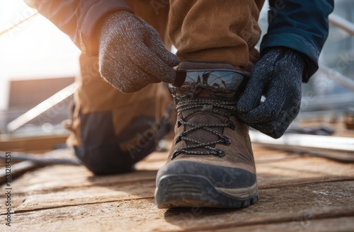 Close-up of worker tying work boot laces outdoors