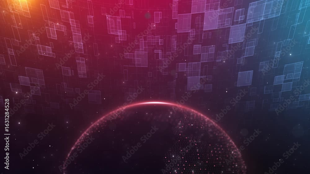 Digital Horizon with Geometric Particles floating geometric particles glowing for tech intros, digital sci-fi scenes, global data themes, virtual earth sequences. futuristic branding, AI visuals.