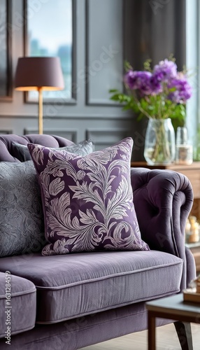 Purple living room with floral pillows