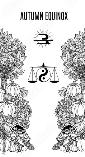 Intricate Line Art Autumn Equinox Celebration with Balance and Harvest Bounty