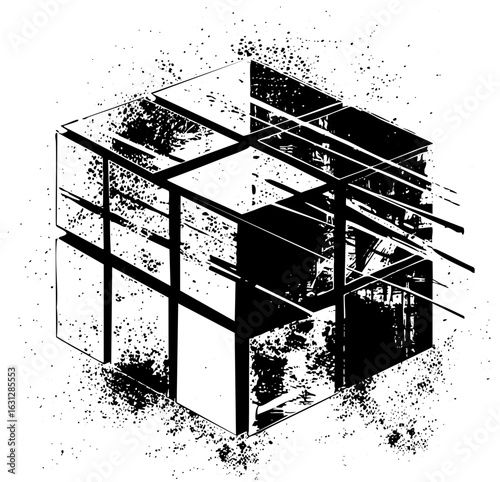 Vector Geometric architectural structure with fragmented details.