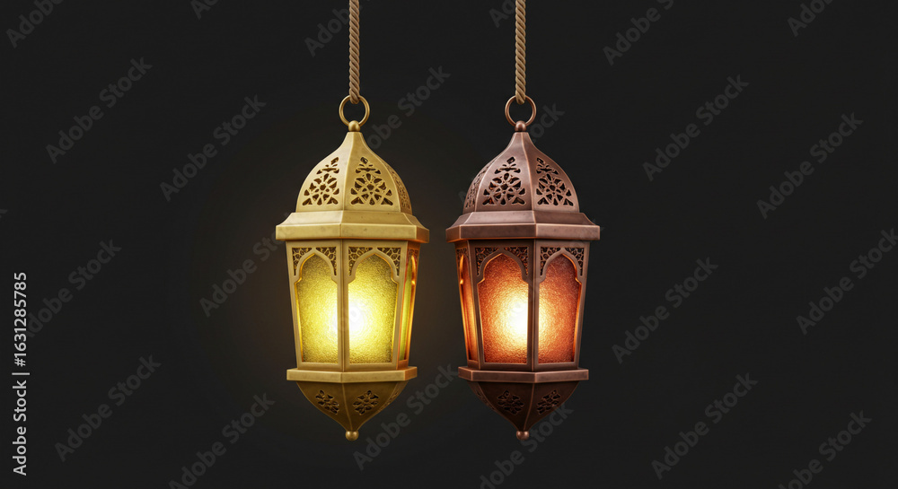 Obraz premium A pair of ornate golden and copper traditional Arabic lanterns glowing warmly, symbolizing light and celebration for a festive cultural holiday.