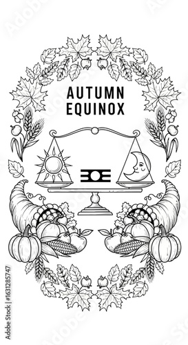 Handdrawn Outline Autumn Equinox Balance Scale with Cornucopia and Leaves Illustration