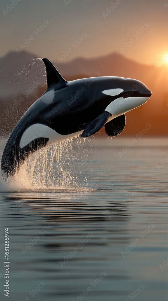 Obraz premium Orca jumping out of water at sunset, creating splash, with mountain silhouette and golden sky in background