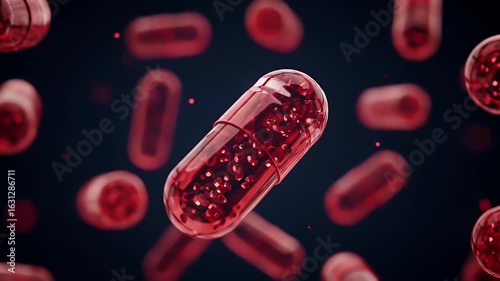 Animated Red Transparent Capsules Floating on a Dark Background for Pharmaceutical Use