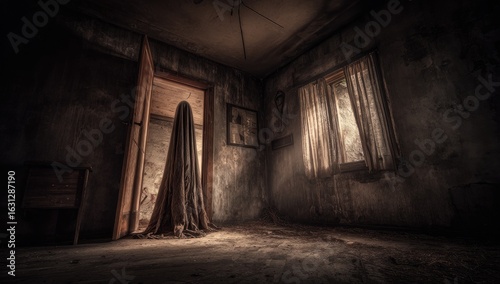 A shadowy figure shrouded in a cloth in a dilapidated room