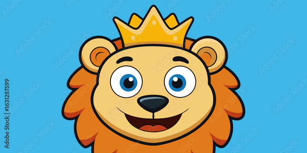 Obraz premium Cartoon lion king drawing vector illustration for kids and children with blue background and golden crown on transparent background