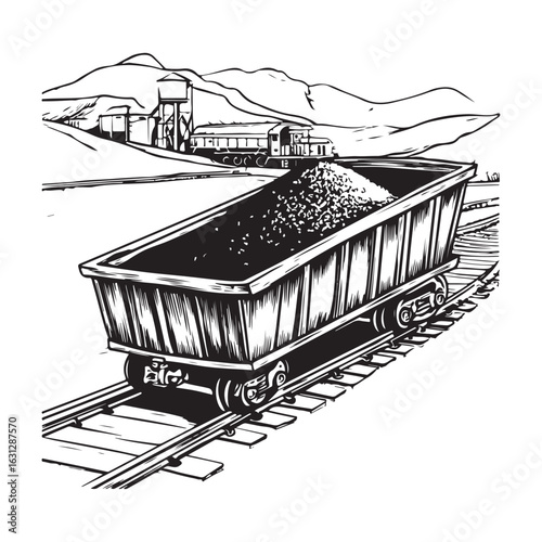 Silhouette of Coal Mining Cart on Track, Vintage Vector Illustration.