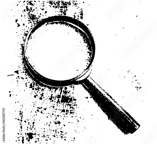 Vector Black magnifying glass with distressed texture.