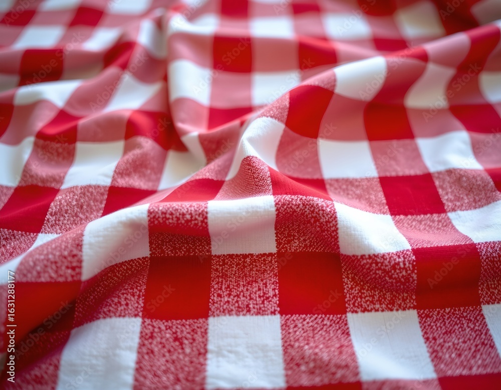 Naklejka premium Bright Red and White Checkered Fabric Closeup