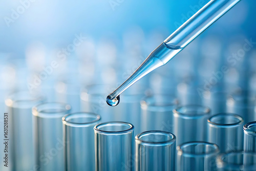 Laboratory pipette dropping liquid into test tubes for scientific research