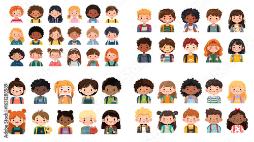 Adorable cartoon-style children’s faces in a colorful set. Perfect for educational, school, or child-focused content and designs.

