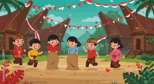 Festive Indonesian Independence Day celebration with cute kids doing sack race outdoors in vibrant village scene

