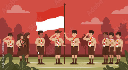 Proud scouting troop saluting the Indonesian flag with patriotic spirit at outdoor event
