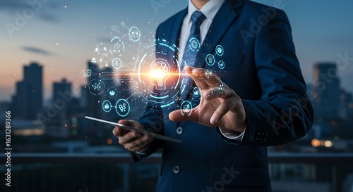 Businessman Using AI Technology on Tablet