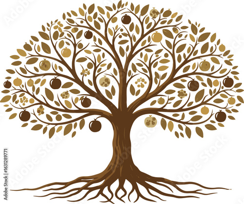 Stylized tree with fruits and leaves in shades of brown and gold on a white background illustration roots