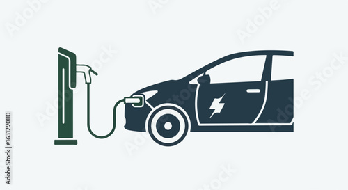 Dark blue electric car with a lightning bolt symbol plugged into a green charging station, a minimalist vector icon.