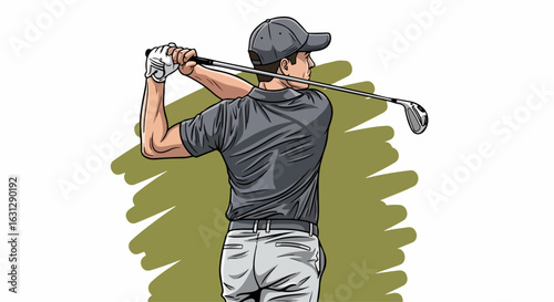 Illustrated male golfer in grey attire, viewed from behind during a powerful golf swing.