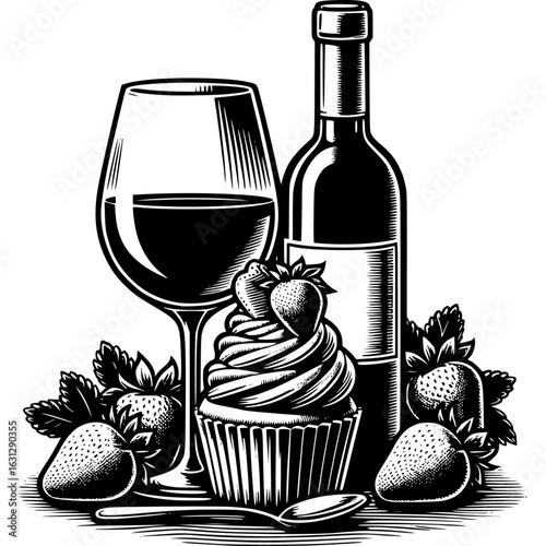 Wine, cupcake and strawberry art: A monochrome art captures a gourmet still life, featuring a wine bottle, a filled glass of wine.