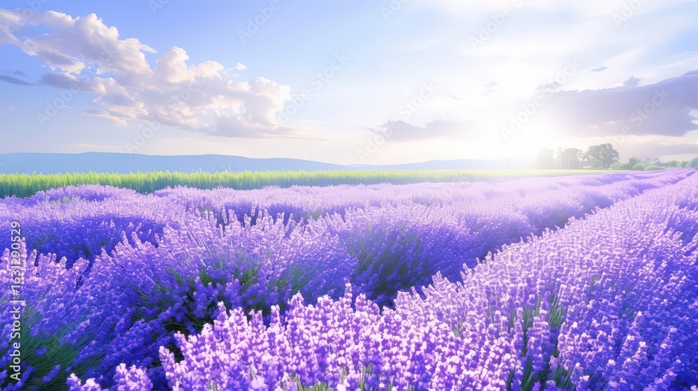 Fototapeta premium Purple lavender stretches into the horizon beneath th