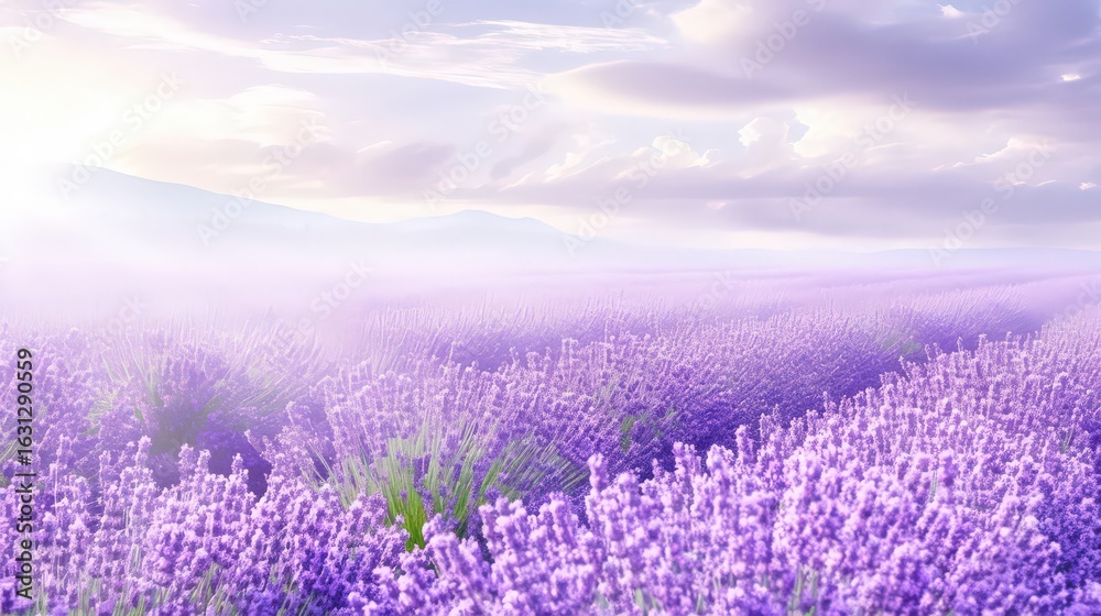 Fototapeta premium Purple lavender stretches into the horizon beneath th