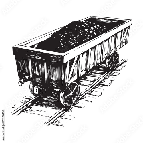 Silhouette of Coal Mining Cart on Track, Vintage Vector Illustration.