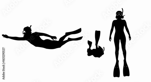 Set of black silhouettes of a female snorkeler in various poses, wearing a mask, snorkel, and fins for diving.