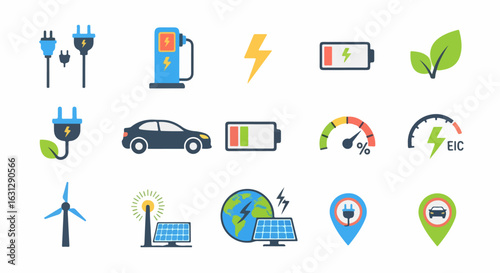 Set of colorful flat design icons for electric vehicles, renewable energy, and EV charging stations.
