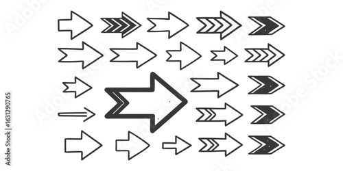 Set of hand-sketched directional arrows, navigation symbols, pointing indicators including left, right, up, and down. Black and white doodle-style arrow icons, ideal for UI/UX, signage, infographics, 