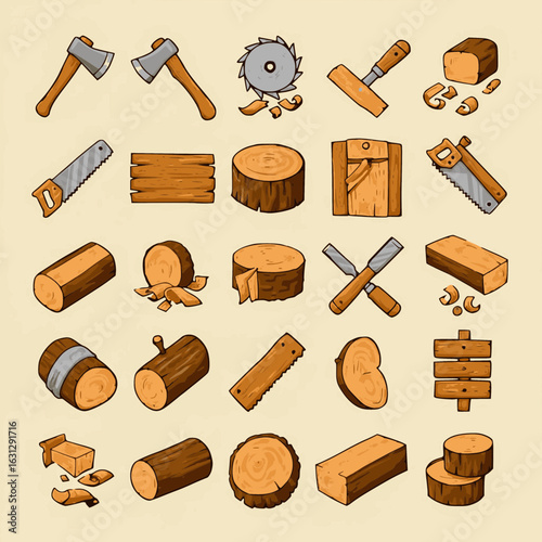 A set of hand-drawn woodworking vector icons, including an Axe, Saw, Logs, Planks, Chisels, and Wood Shavings, perfect for craft and DIY projects.
