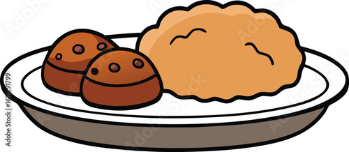 Savory biscuit and gravy with sausage plate illustration