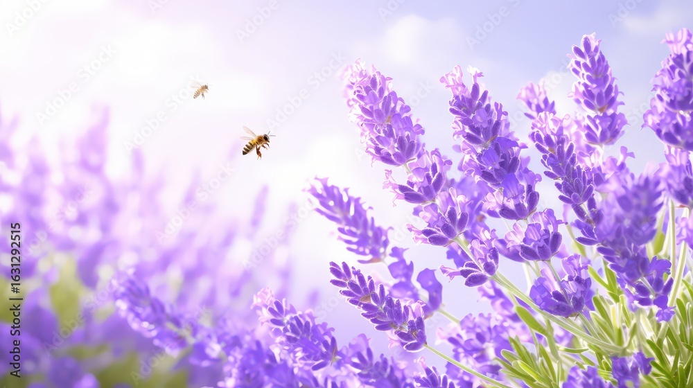 Fototapeta premium Tall purple lavender stalks sway under golden sunligh