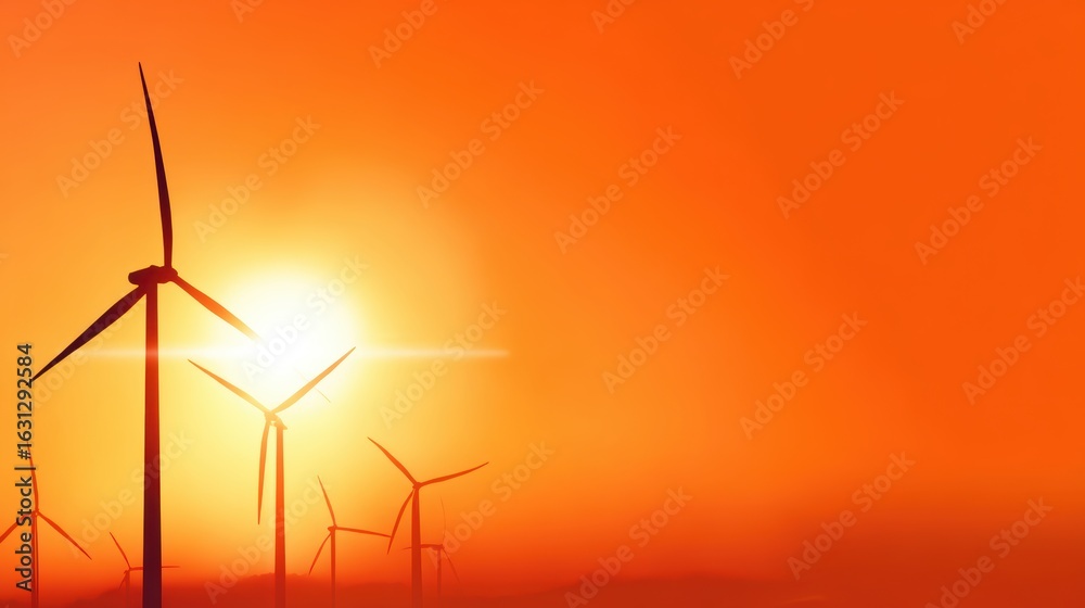 Fototapeta premium Wind turbines silhouetted against a vibrant sunset, symbolizing renewable energy and nature's beauty