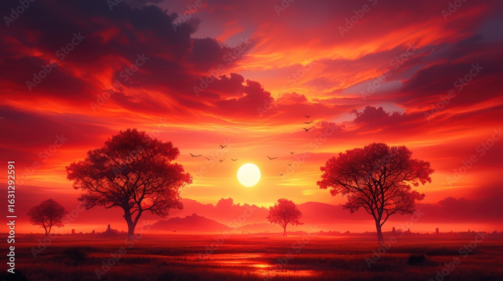 Obraz premium The rising sun bathes the horizon in orange and red c