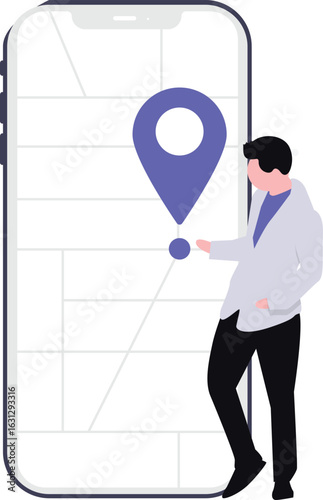 Modern Man Using Mobile GPS Navigation App: Flat Design Illustration