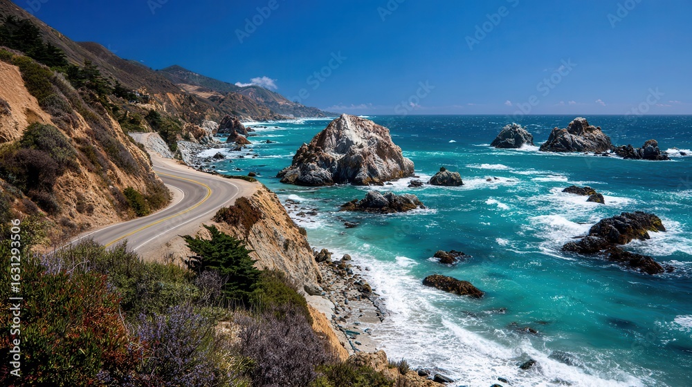 Fototapeta premium Winding coastal road with turquoise ocean and rocky shoreline.