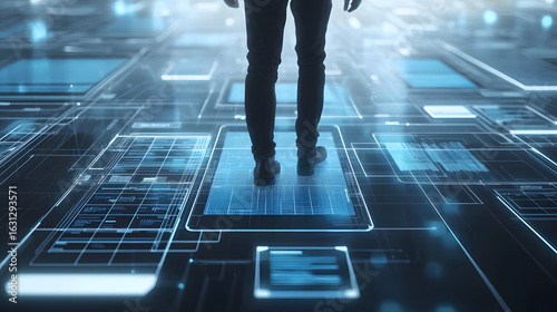 Tableau sur toile A person stands on a glowing blue data interface, part of a vast digital floor g
