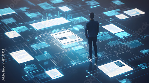 Photos A person stands on a light, glowing digital floor with interconnected lines and